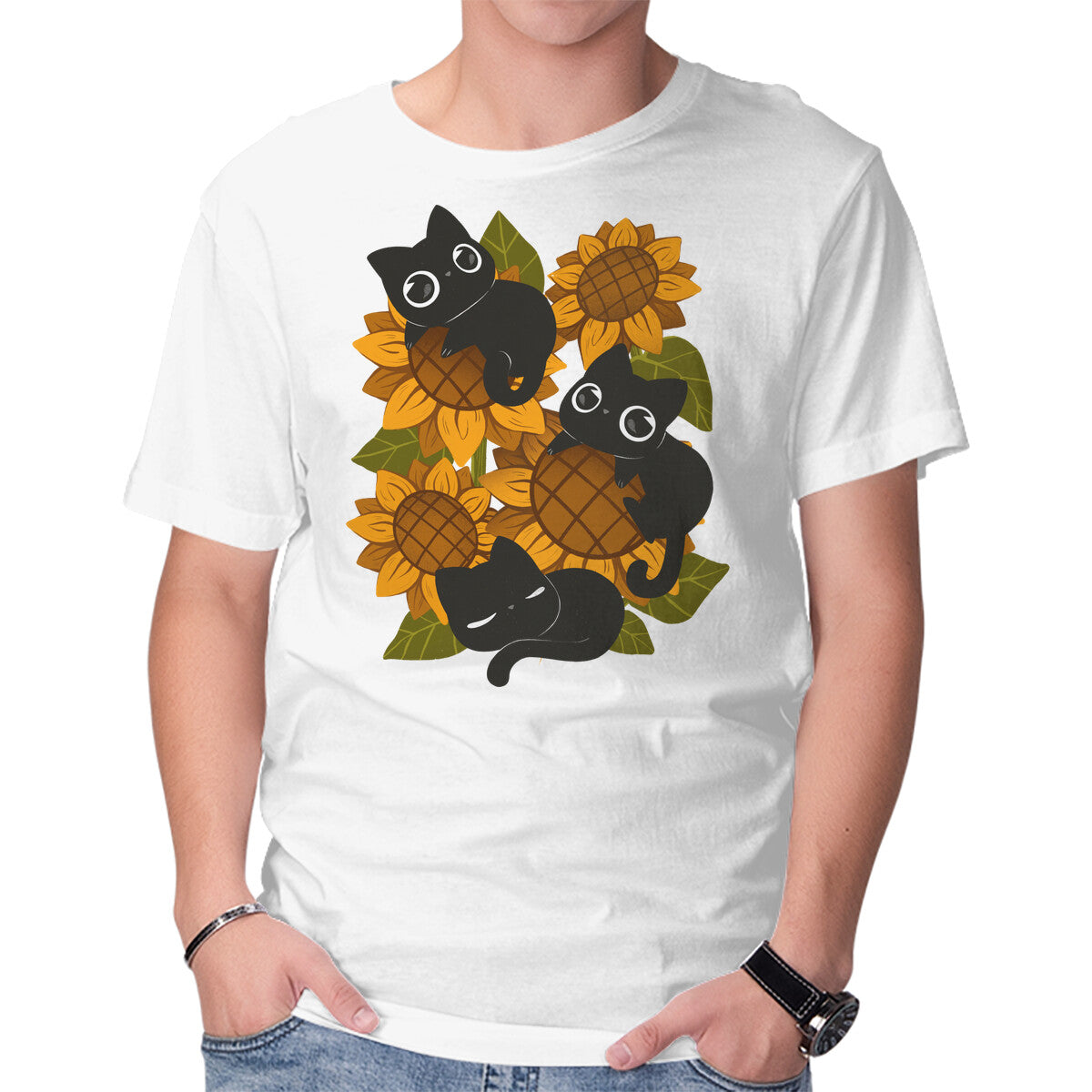 Unisex Crew Neck T-Shirt Sunflowers And Black Kitties Graphic Short Sleeve Casual Tee XXXXL