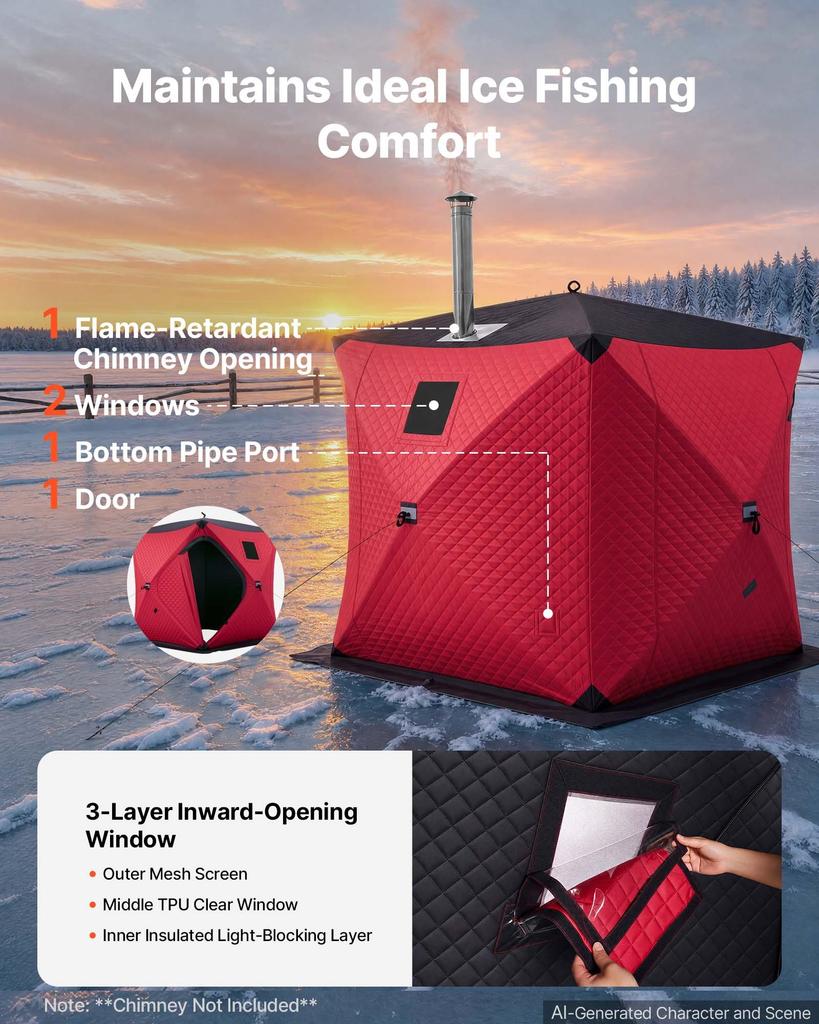 VEVOR Pop Up Ice Fishing Tent 3-4 Person 1.8 x 1.8 x 2 m Insulated Shelter, for Winter Fishing, 3.13 m² Area, 600D 4-Layer Fabric