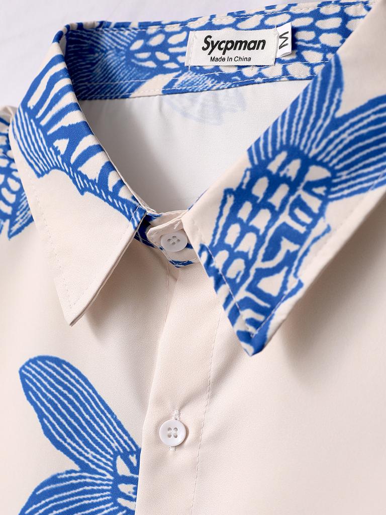 Übergroßes, lockeres Vintage-Kurzarmhemd mit Karpfen-Vollfisch-Print für Herren, lockeres Sommerhemd, trendiges Streetwear-Oberteil für Männer