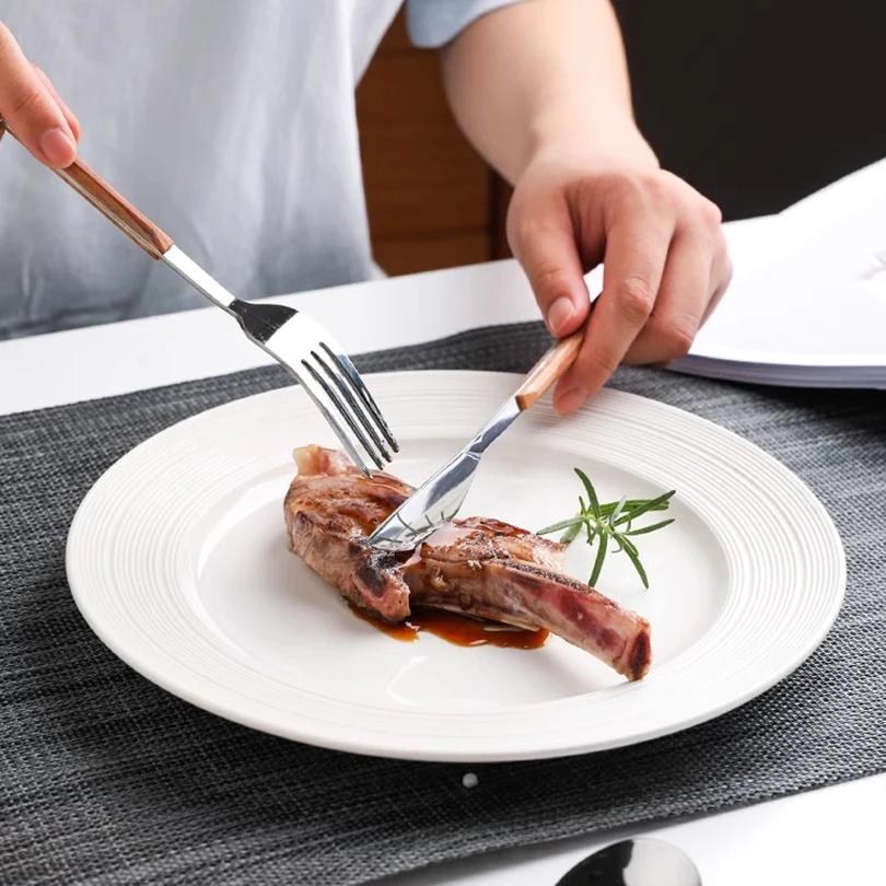 5PCS Stainless Steel Imitation Wooden Handle Cutlery Set Knife Fork Spoon Western Tableware Kitchen Flatware Set Dinnerware