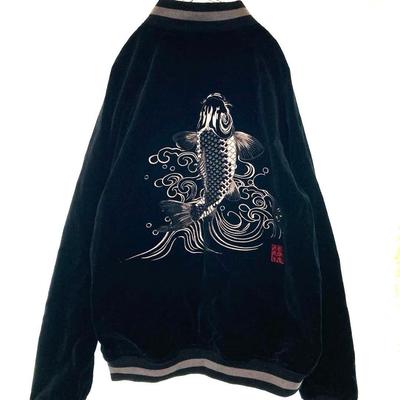 Used Karakuri Tamashii Sukajan Jacket, Carp Embroidery, Velvet, Velour, Raglan, L, Black, Japanese Pattern