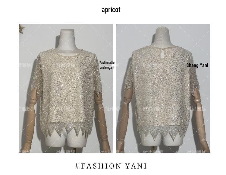 Versatile Sequin Beaded Short Sleeve Top - European & American Net Red Trend: Loose Fit & Slimming Round Neck for Women