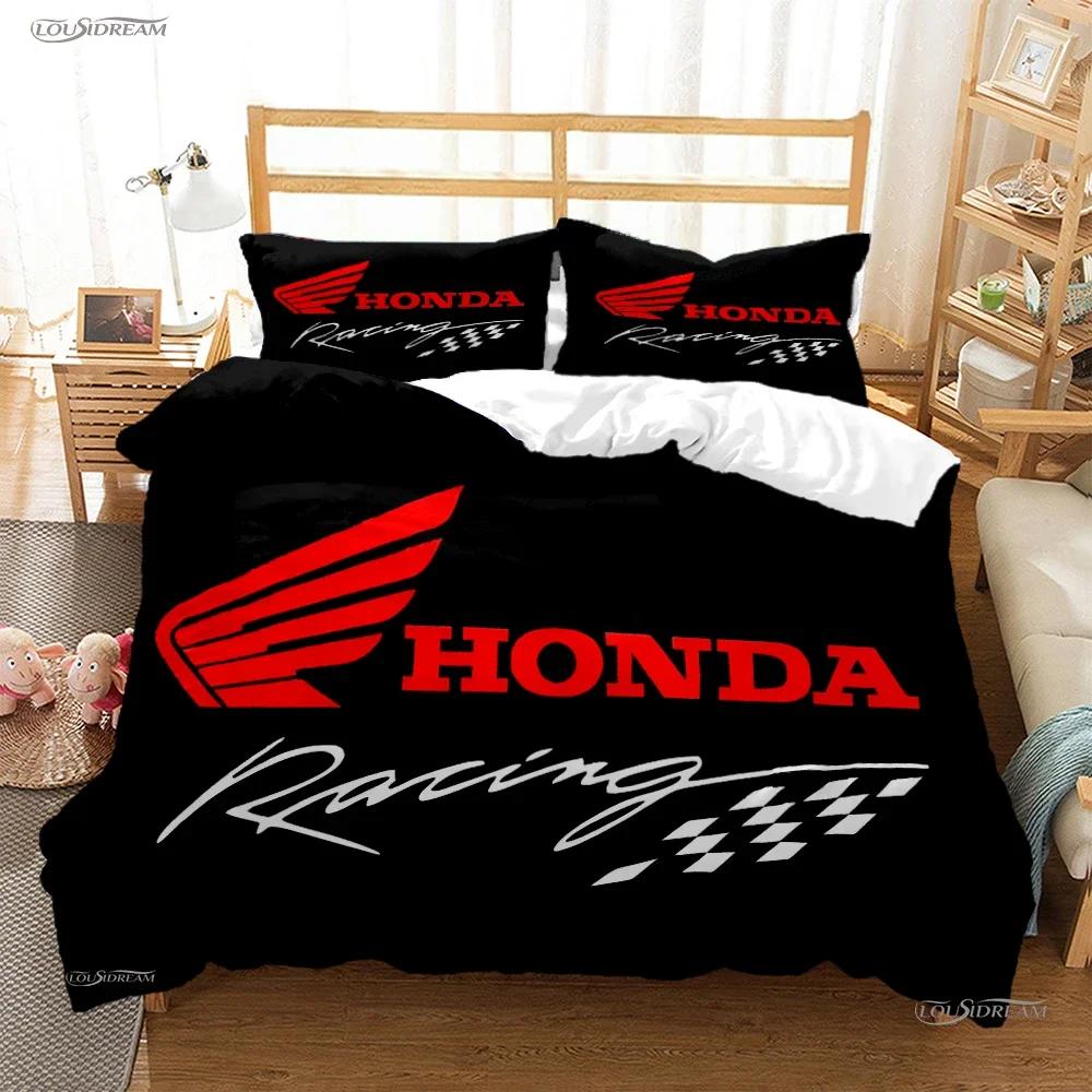 HRC-H-Hondas Motorrad Logo Bettbezug Bettdecke Bettwäsche-Sets Weiche Steppdeckenhülle und Kissenbezüge für Jugendliche Einzel-/Doppel-/Q-Queens-/King