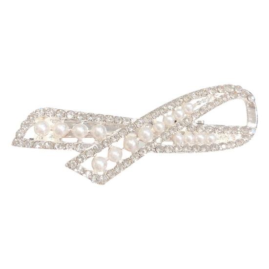 Women Hairpin Bow Shape Faux Pearl Rhinestone Faux Crystal Decor Hollow Out Exquisite Anti-slip Sparkling Luxury Hair Decoration Hair Clip