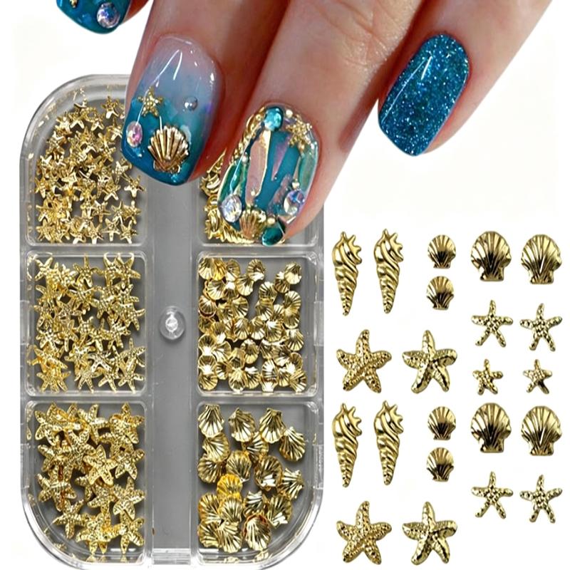 6 Grilles Charms 3D pour Ongles Coquillage Doré Étoile de Mer Conque Décor pour Manucure DIY Design Débutants