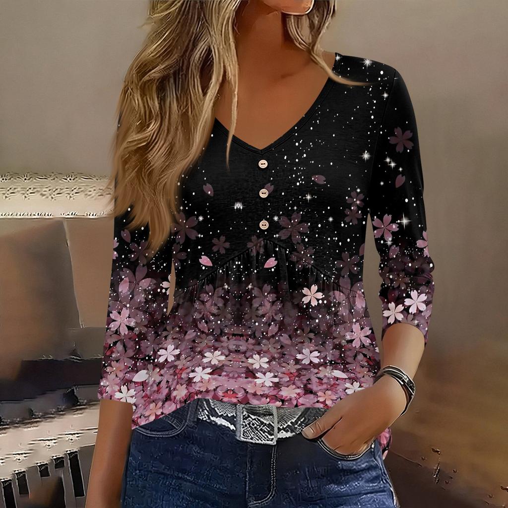 Women 3/4 Sleeve V Neck Button Detail Floral Print Tunic Top Casual Lightweight Blouse for Everyday Wear