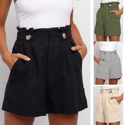 Casual Shorts for Women Elastic Ruffled High Waist Button Loose Shorts Comfy Breathable Lightweight Summer Shorts with Pockets for Work Vacation Beach