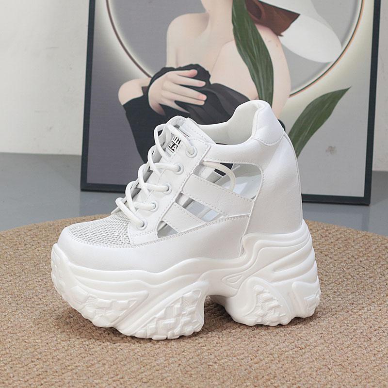 Fashion 13CM Air Mesh Synthetic Leather High Brand Chunky Sneaker Sandals Comfy Summer Women Fashion Shoes Platform Wedge Flats