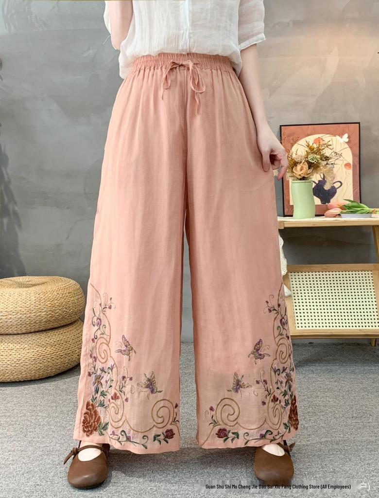 2026 Spring Women's Linen Embroidered Pants - Elastic Waist, Straight Leg, Casual and Versatile.