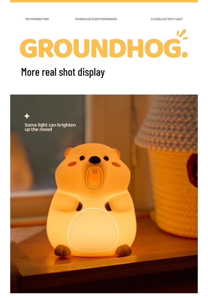 Rechargeable Groundhog LED Night Light - Silicone Pat Lamp for Bedside