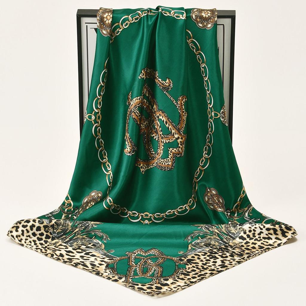 New Leopard Print Chain-embellished Satin Silk Scarf Headband, Versatile and Multi-purpose Faux Silk Scarf, Versatile Small Square Scarf