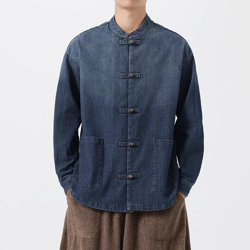Autumn Men Chinese Style Tang Suit Shirt Washed Denim Top Traditional Kung Fu Tai Chi Denim Jacket Men Casual Cotton Coat Jacket