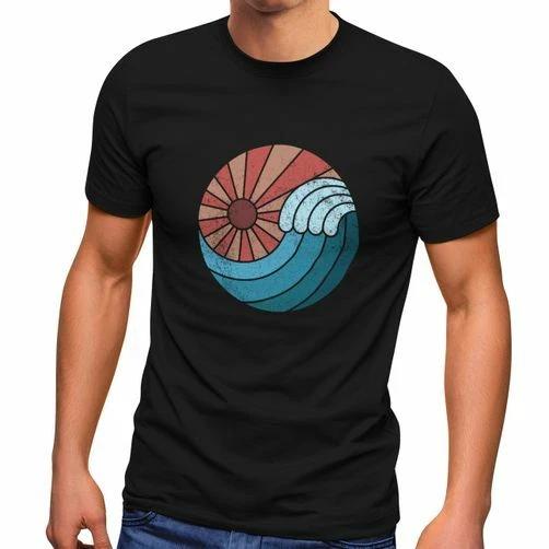 

Mens T-Shirt Wave Wave Sun Summer Retro Vintage Print Shirt- 4XL
