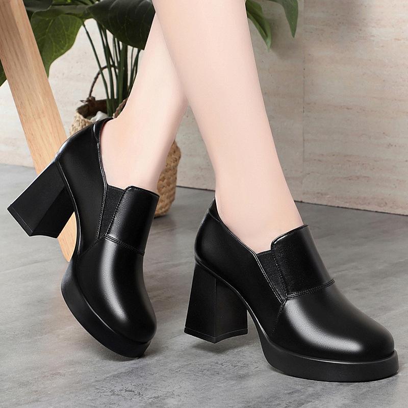 8cm Breathable Comfortable Deep Mouth Soft Leather Shoes Platform Pumps 2025 Spring Trend Block High Heels Shoes with Fur Black