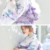 (Dita) Women's Yukata 5-Piece Set: Heiko Obi (Sash), Purple and White Rose Floral Pattern, Fancy, Girly, Antique, Large Pattern, Easy to Wear by One
