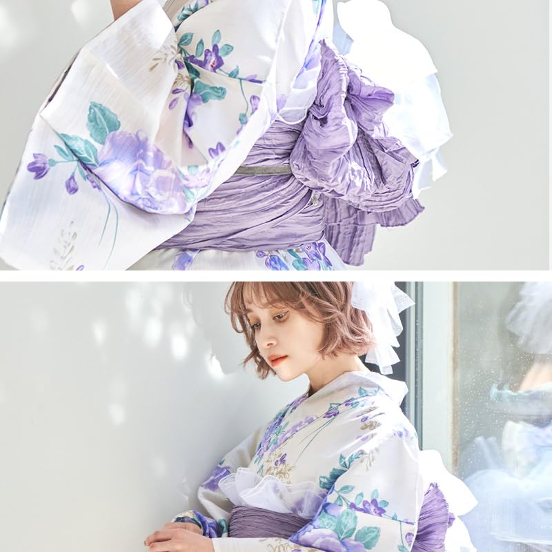(Dita) Women's Yukata 5-Piece Set: Heiko Obi (Sash), Purple and White Rose Floral Pattern, Fancy, Girly, Antique, Large Pattern, Easy to Wear by One