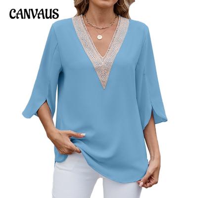 Women's Spring and Summer New Solid Colour V-neck Mid-sleeve Lace Chiffon Blouse