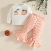 Baby Mädchen Halloween Kürbis Stickerei Pullover Rundhals Langarm Sweatshirt mit Elastischer Taille Schlaghosen Set