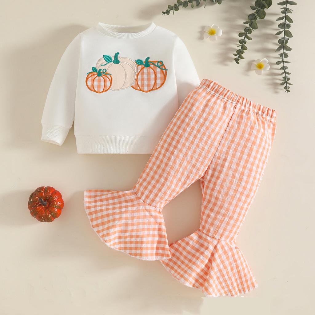 Baby Mädchen Halloween Kürbis Stickerei Pullover Rundhals Langarm Sweatshirt mit Elastischer Taille Schlaghosen Set