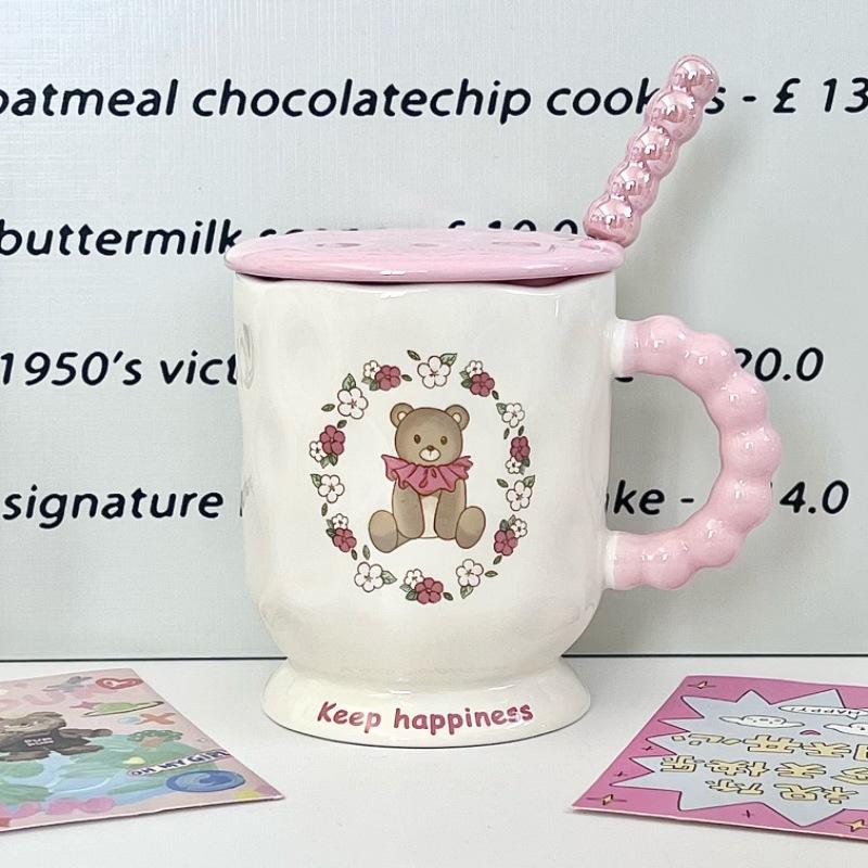High Looking Cute Little Bear Goblet Cartoon Ceramic Mug with Lid Spoon Girl Coffee Cup Birthday Gift
