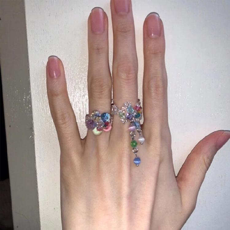 Anillos Florales de Cristal Ajustables de 2 Piezas Borlas de Dopamina Anillos de Dedo de Flor Joyería