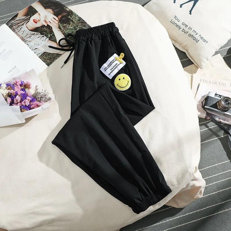 

Спортивные брюки Ice Silk для женщин, летние, тонкие, с улыбающимся лицом, свободные ноги, похудение и защита от комаров, повседневные брюки для маленьких людей с девятью точками 4XL чёрный