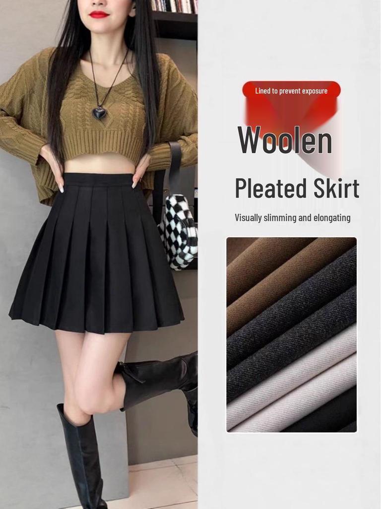 Autumn Winter Thickened Wool Pleated A-Line High Waist Plus Size Short Skirt for Petite Women