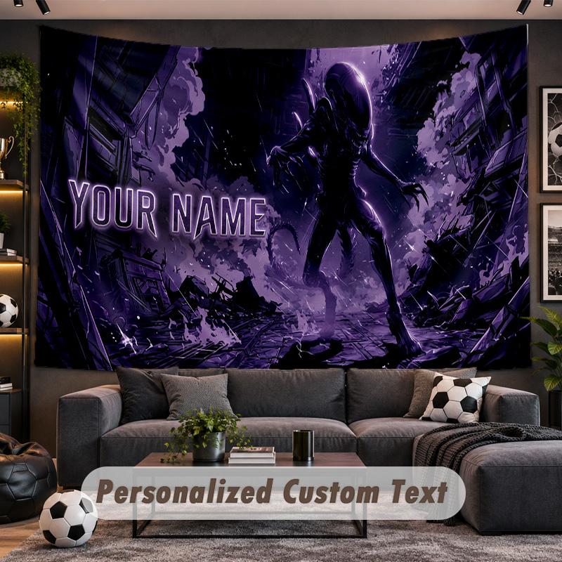Alien Xenomorph Personalized Tapestry Support Custom Name, Wall Art Home Decoration