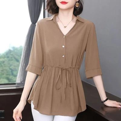 Camicia da donna leggera a maniche corte per primavera ed estate, camicia a vita media