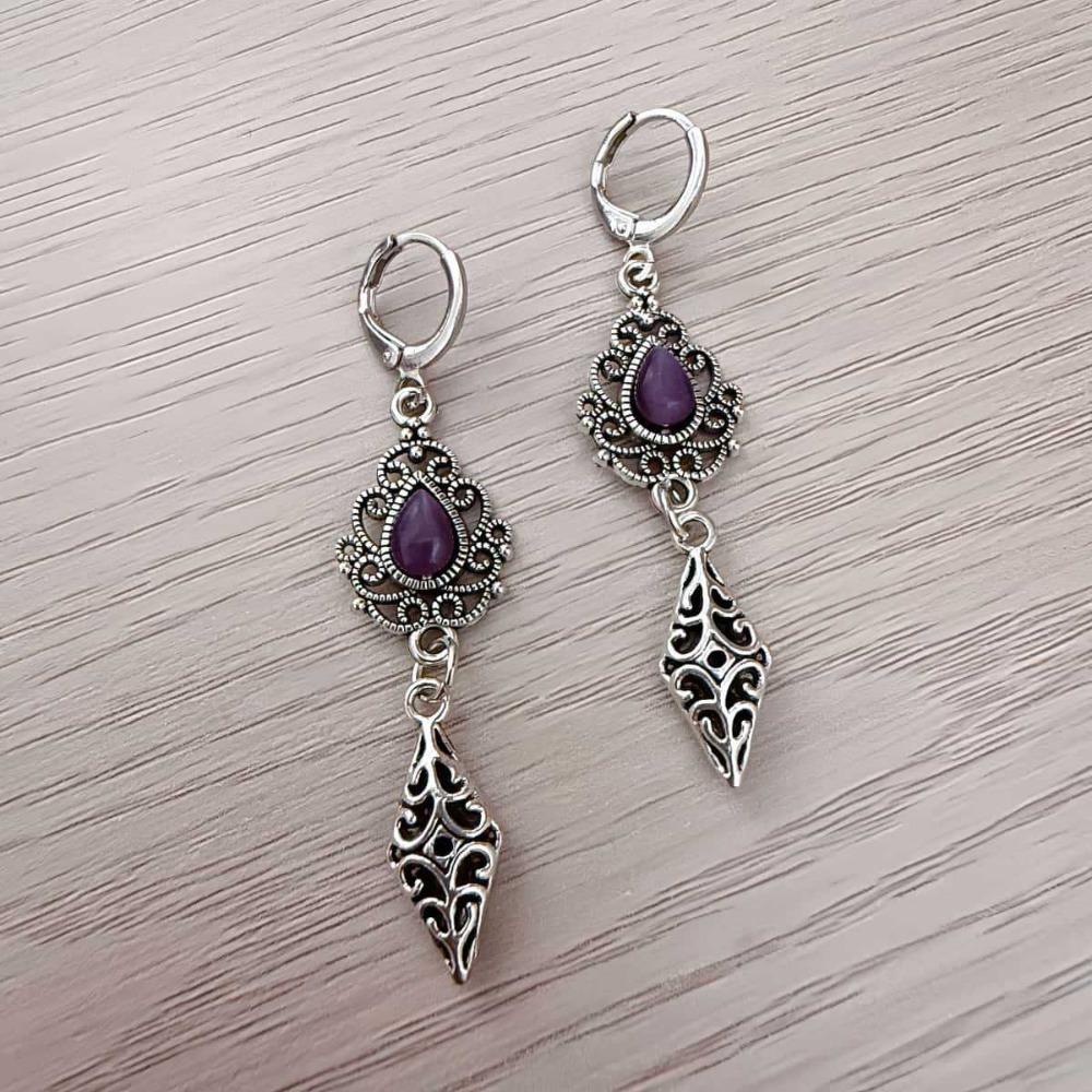 Vintage Ethnic Ancient Silver Filigree Purple Teardrop Gemstone Dangle Earrings for Women Boho Gypsy Hoop Earrings Jewelry Gifts