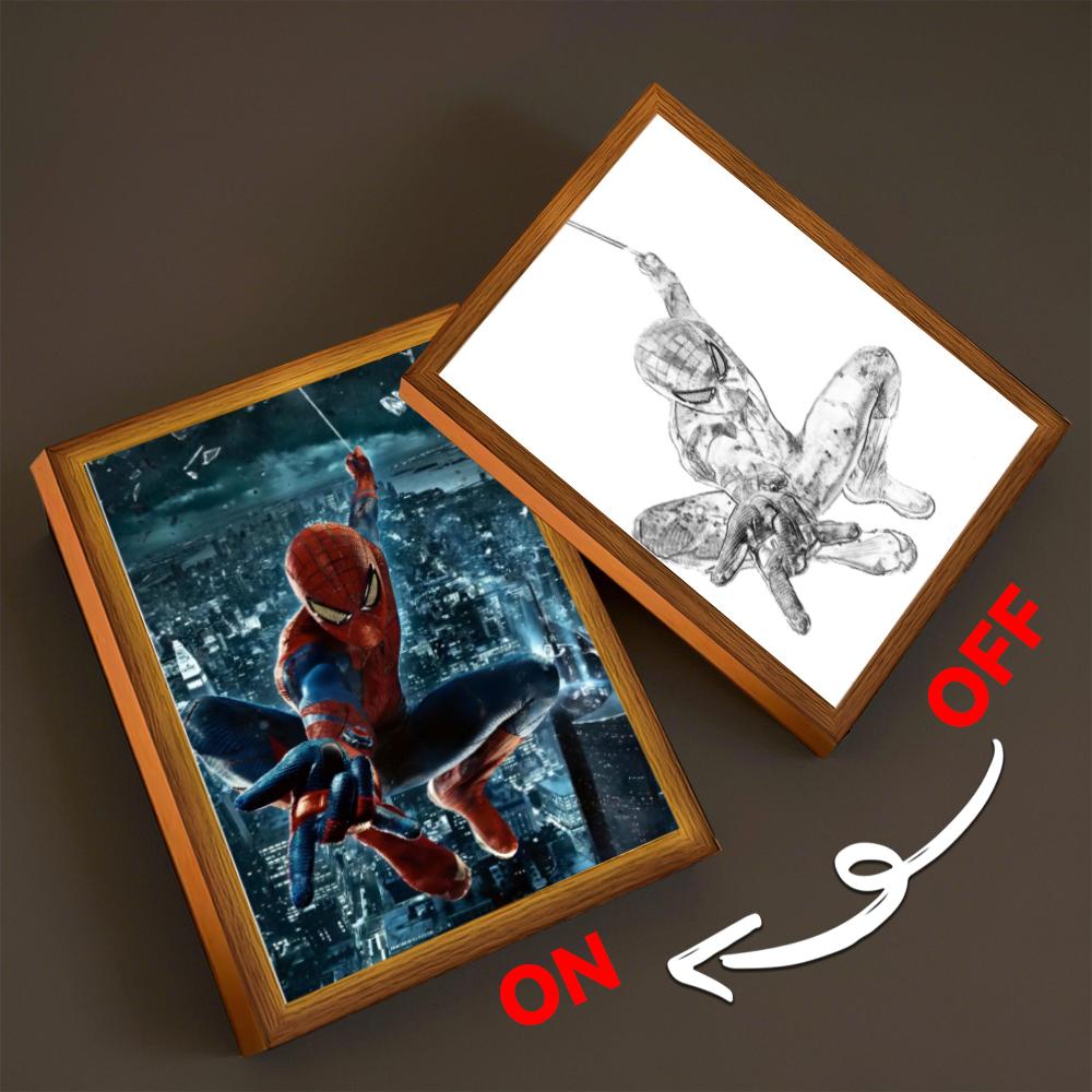 

Anime Light Painting Photo Frame Spider Man LED Light Peter Benjamin Parker Glowing Cool Superhero Night Lamp for Bedroom Decor A5(23x17cm)&USB Plug