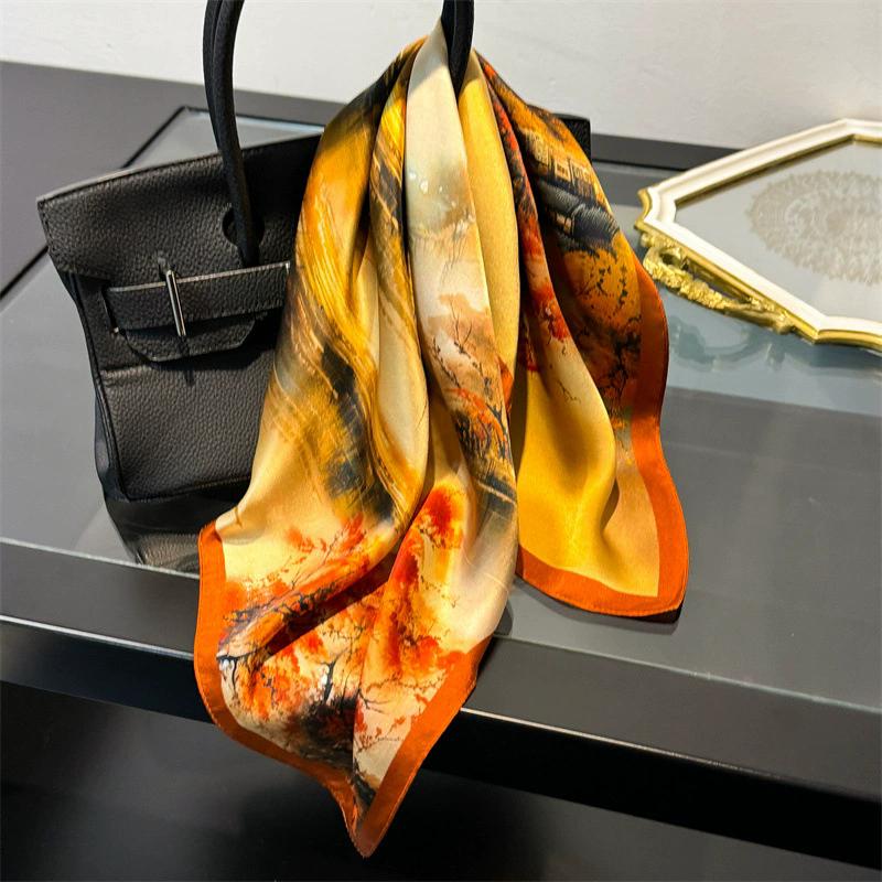 53cm Square Scarf 100% Pure Real Silk Scarves for Women Foulard Fashion 2025 Floral Brand Print Shawls Hijab Bandana Headband