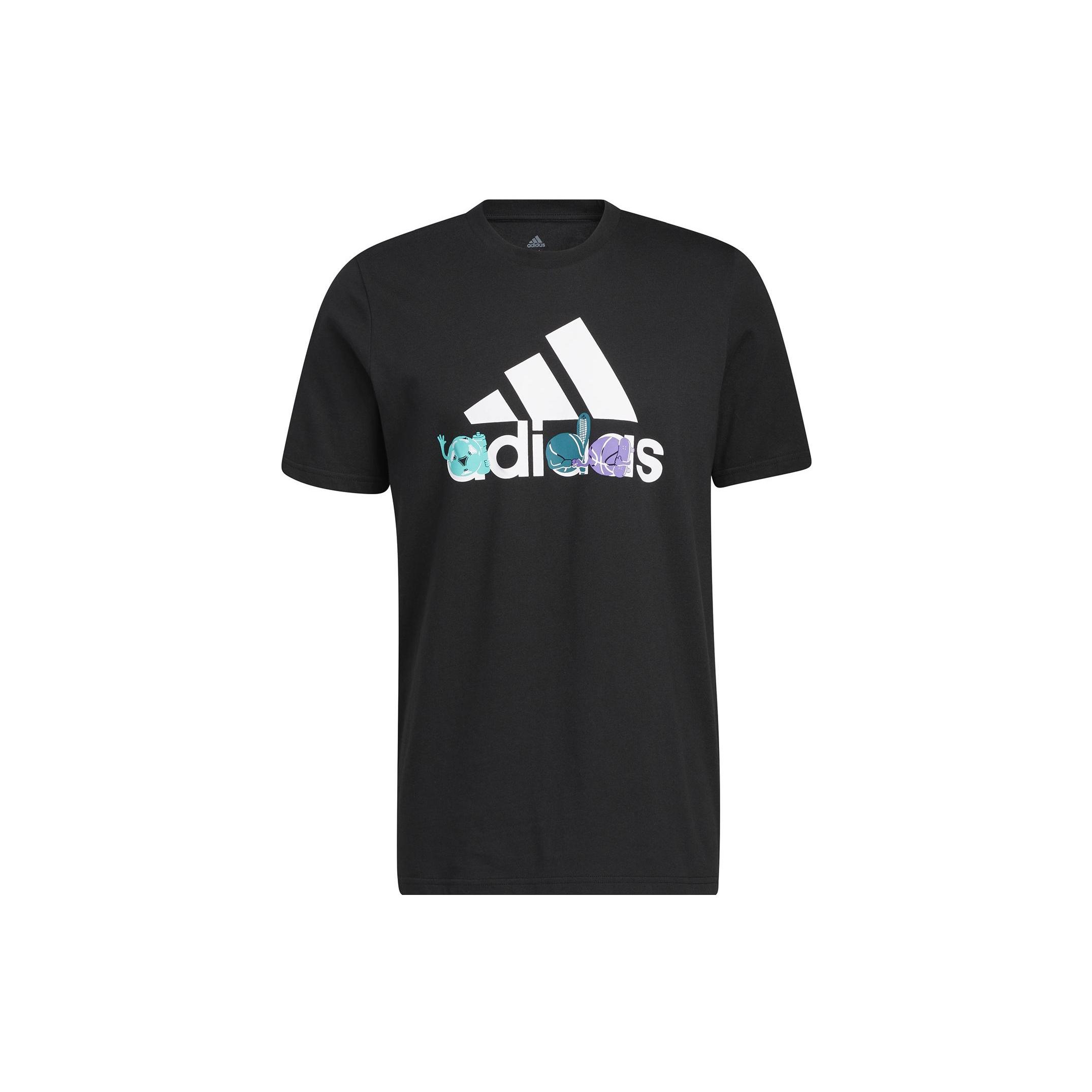 Men s adidas Logo Cartoon Pattern Printing Round Neck Short Sleeve Black T-Shirt HE4837 L