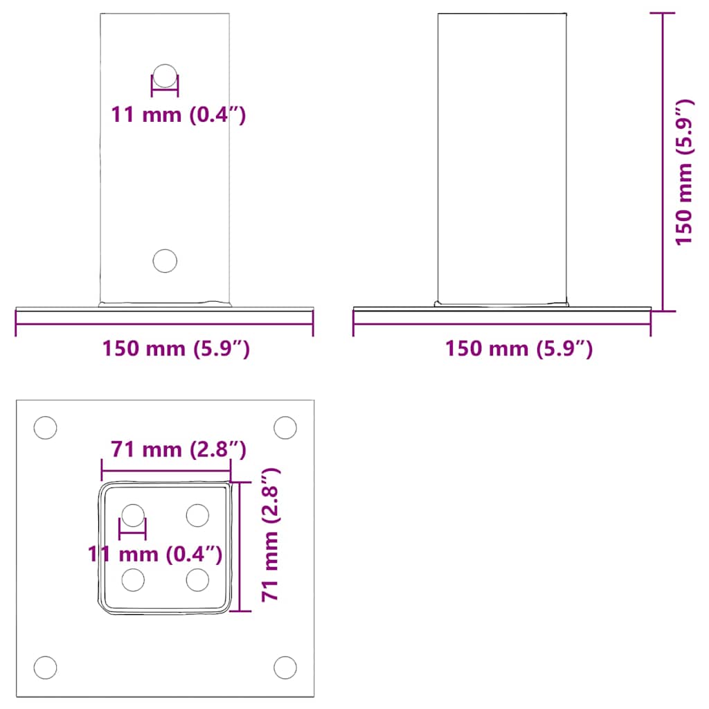 Square Post Base 4 pcs 71 x 71 mm Powder Coated Steel