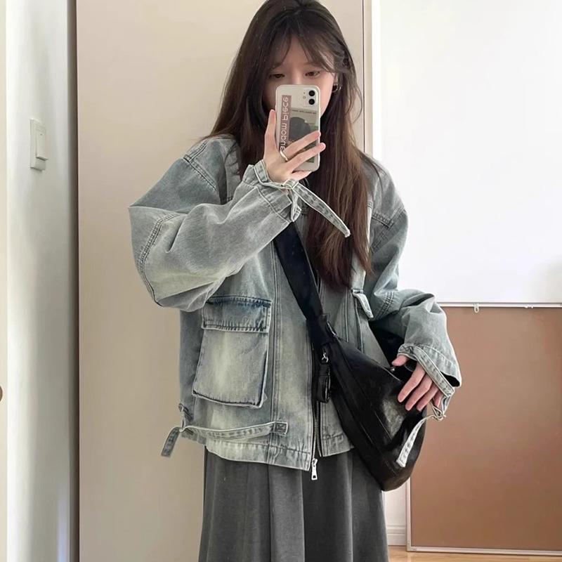 2024 Retro Distressed Denim Workwear Jacket - Patch Pocket, Loose Fit, Long Sleeve