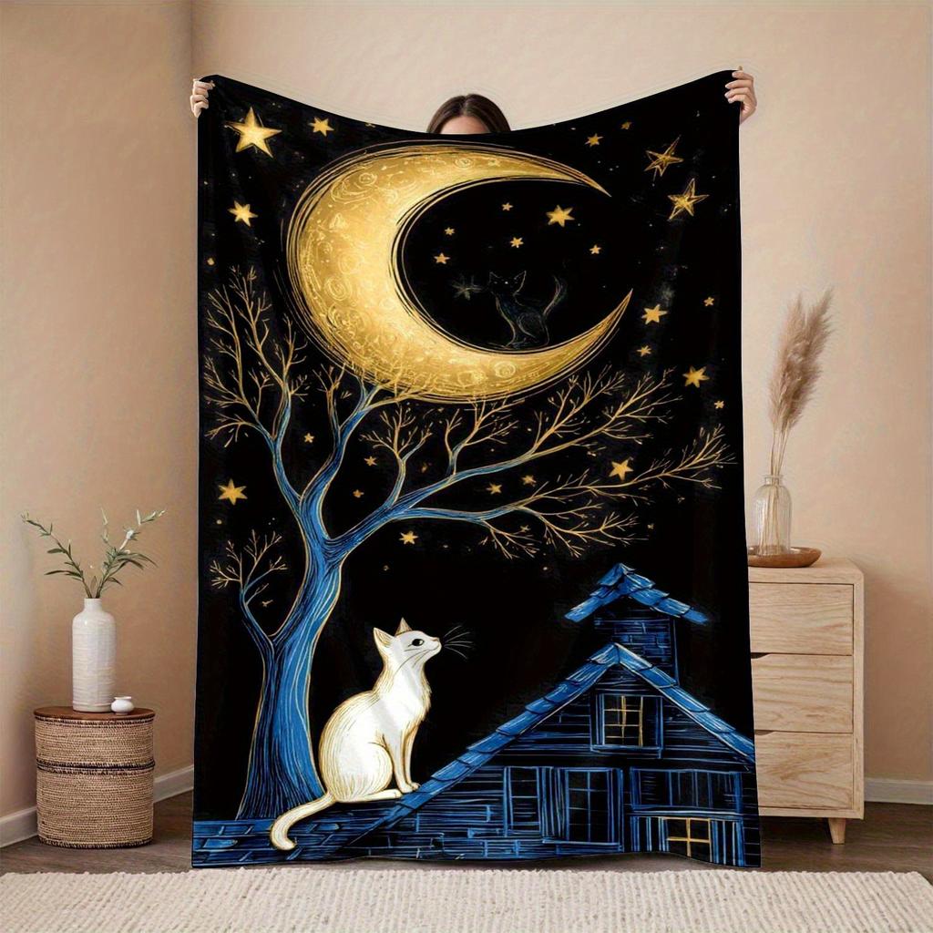 1pc 280gsm Moon Cat Night Sky Patterned Flannel Blanket Bohemian Bedroom decoration and accessories Aesthetic room decoration fe
