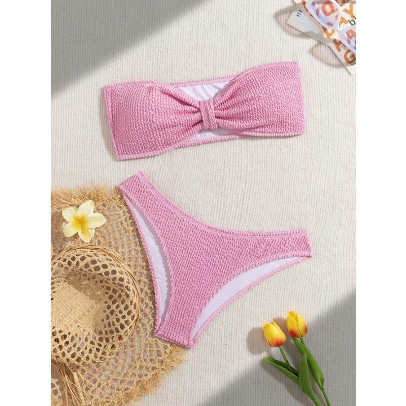 Damen Lavendel Texturiertes Bandeau Bikini Set Hoher Schnitt V-Ausschnitt Badebekleidung