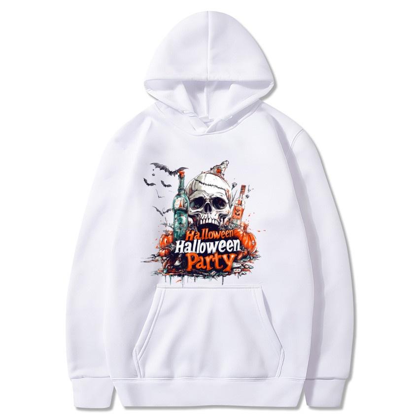Fall/Winter Halloween Fleece Hoodie Skull Print Fashion Street Hoodie Men's and Women's Daily Long Sleeve Warm Hoodie