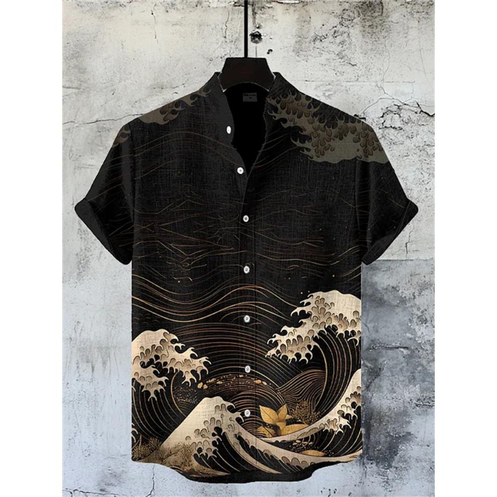 Camicia da Uomo a Maniche Corte con Stampa Ondulata, Design alla Moda, Top Estivo da Uomo, Camicia Hawaiana Casual Trendy per le Vacanze
