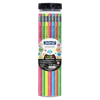 Doms Neon Rubber Tipped HB/2 Graphite Pencil Jar Pack of 30 with Sharpener, Eraser & Scale for Students and Artists