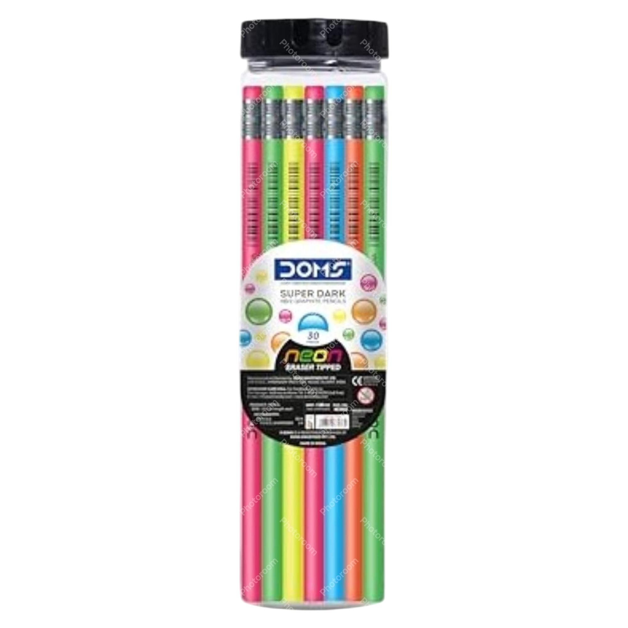 

Графитный карандаш Doms Neon с ластиком на конце, HB/2, в банке, 30 штук, с точилкой, ластиком и линейкой, для школьников и художников
