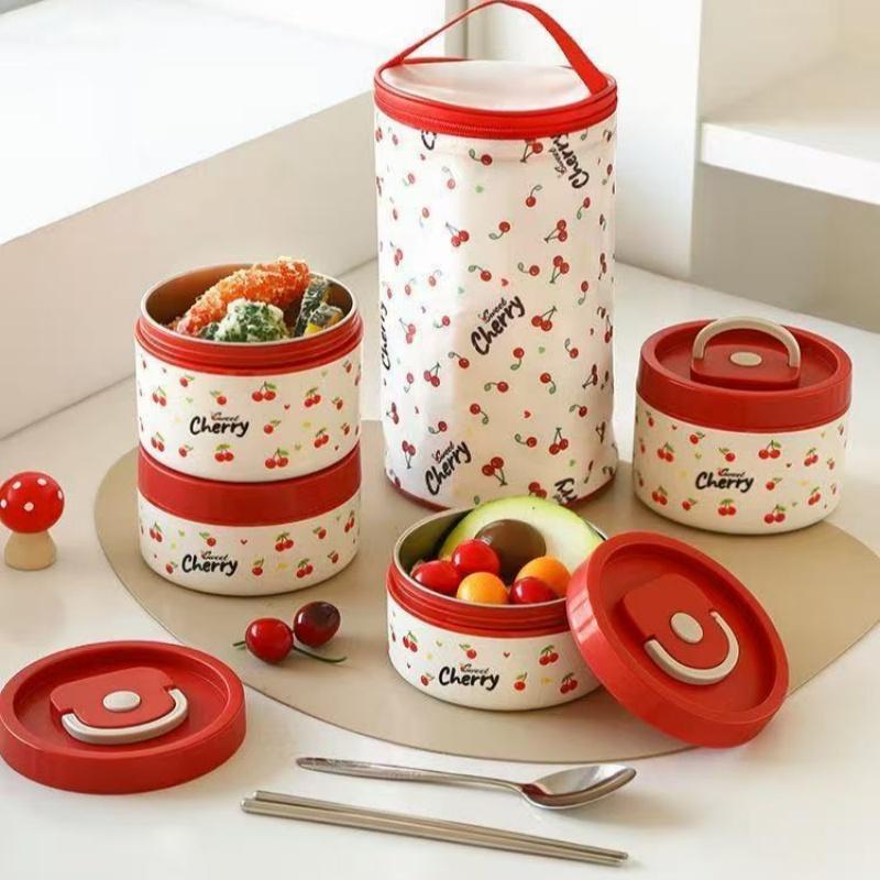 Stainless Steel Cherry Print Lunch Box Set with Insulated Bag & Tableware for School Office Picnic