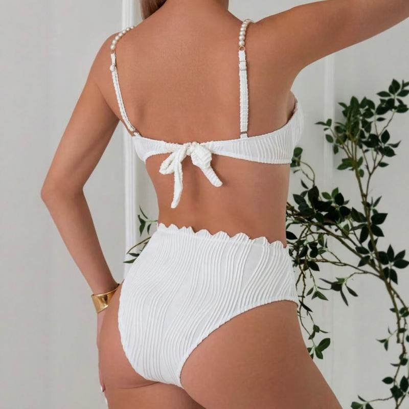 Women's White Pearl Strap Scalloped Edge High Waist Bikini Set Two-Piece Swimsuit