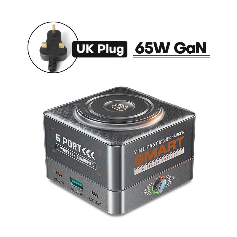 QOOVI 7 in 1 GaN 65W USB Type C Charger Station Fast Charging PD3.0 PPS Wireless Charge For iPhone iWatch Laptop iPad Samsung