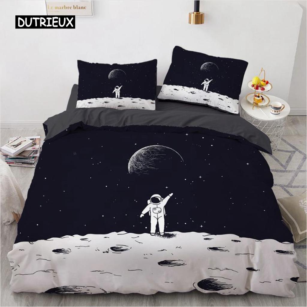 Space Duvet Cover Set Microfiber Outer Space Astronaut American Flag Pattern Bedding Set for Boys Girls Queen King Quilt Cover
