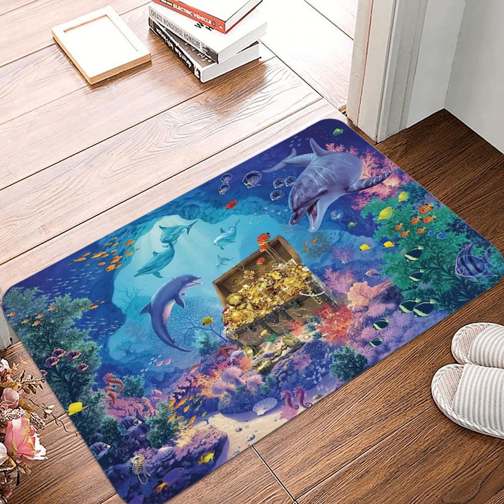 Grand Ocean Scene Door Mat with Whales Dolphins and Tropical Fish Non-slip Floor Rug for Entrance Home Decorative Mat