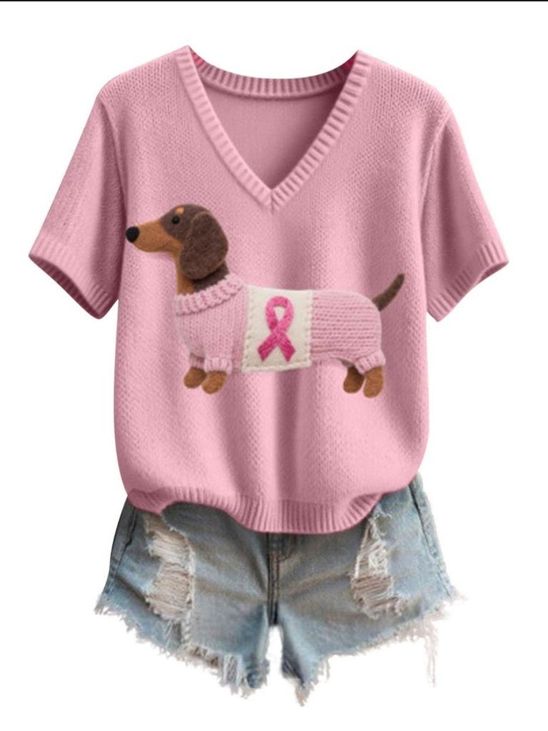 Phoenix Velvet Women's Plus Size V-Neck Knitwear - Cartoon Print Short Sleeve for Spring/Autumn.