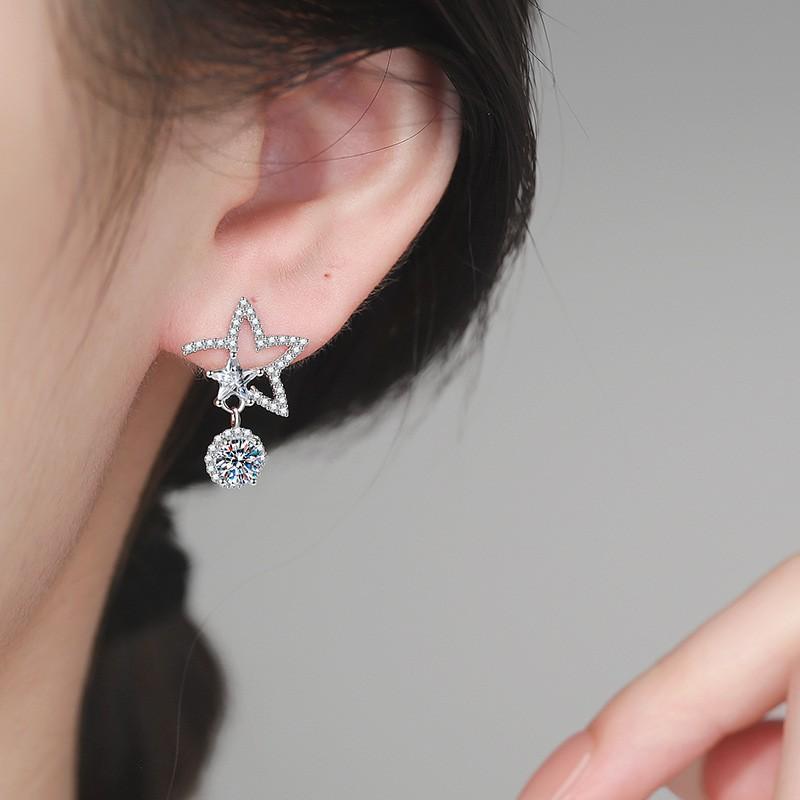 Sterling Hollow Star Stud Earrings With Moissanite Zircon Full Pave Women Daily Wear