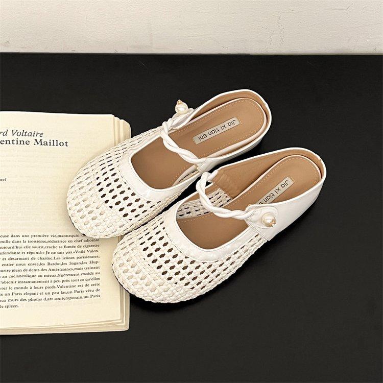 

Fashion Weave Mary Jane Shoes Woman Mules Slippers Casual Women Flat Sandals Summer 2025 Trend Elegant Dress Comfort Soft Leather Slides 35 бежевый