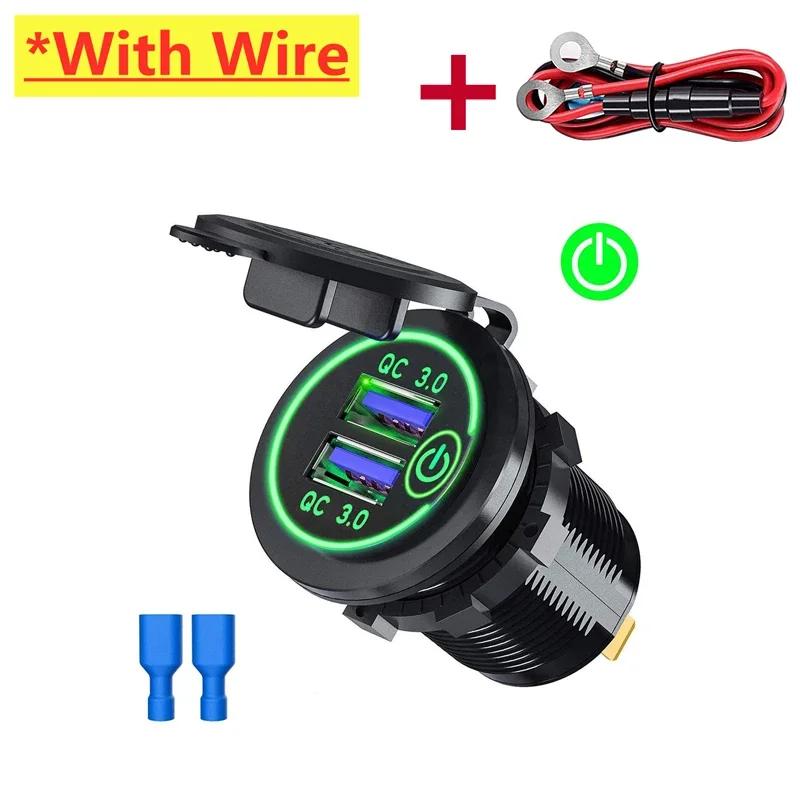 60W Dual QC 3.0 Dual USB Fast Car Charger Socket 12V/24V Waterproof with Switch Auto Car Quckly Charging Adapter Power Outlet